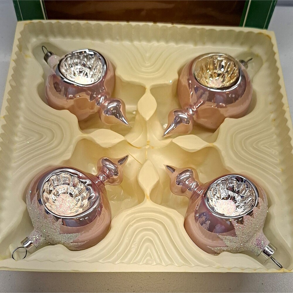 Vintage Bradford Trimmeries Lavender Pink Mercury Indent Glass Ornaments Set 4